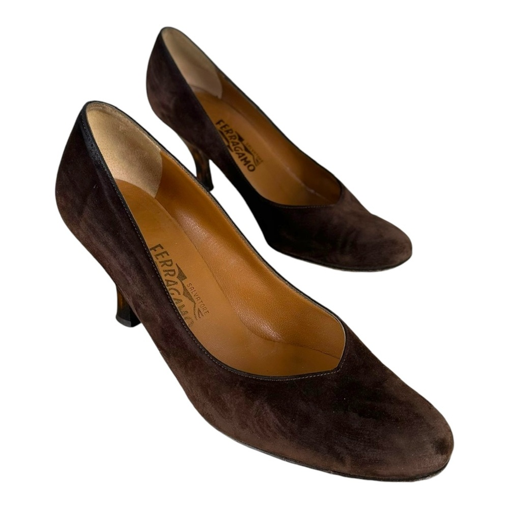 Salvatore Ferragamo Women’s 9 B Brown Suede Pumps VTG Vintage Tortoise Heel - Picture 3 of 13
